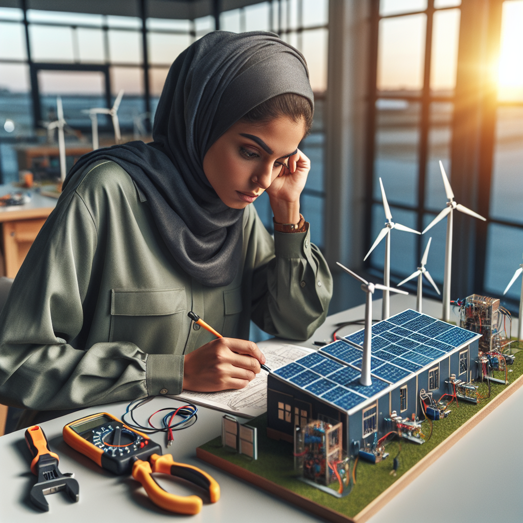 Electrician learning about renewable energy systems with solar panels and wind turbines
