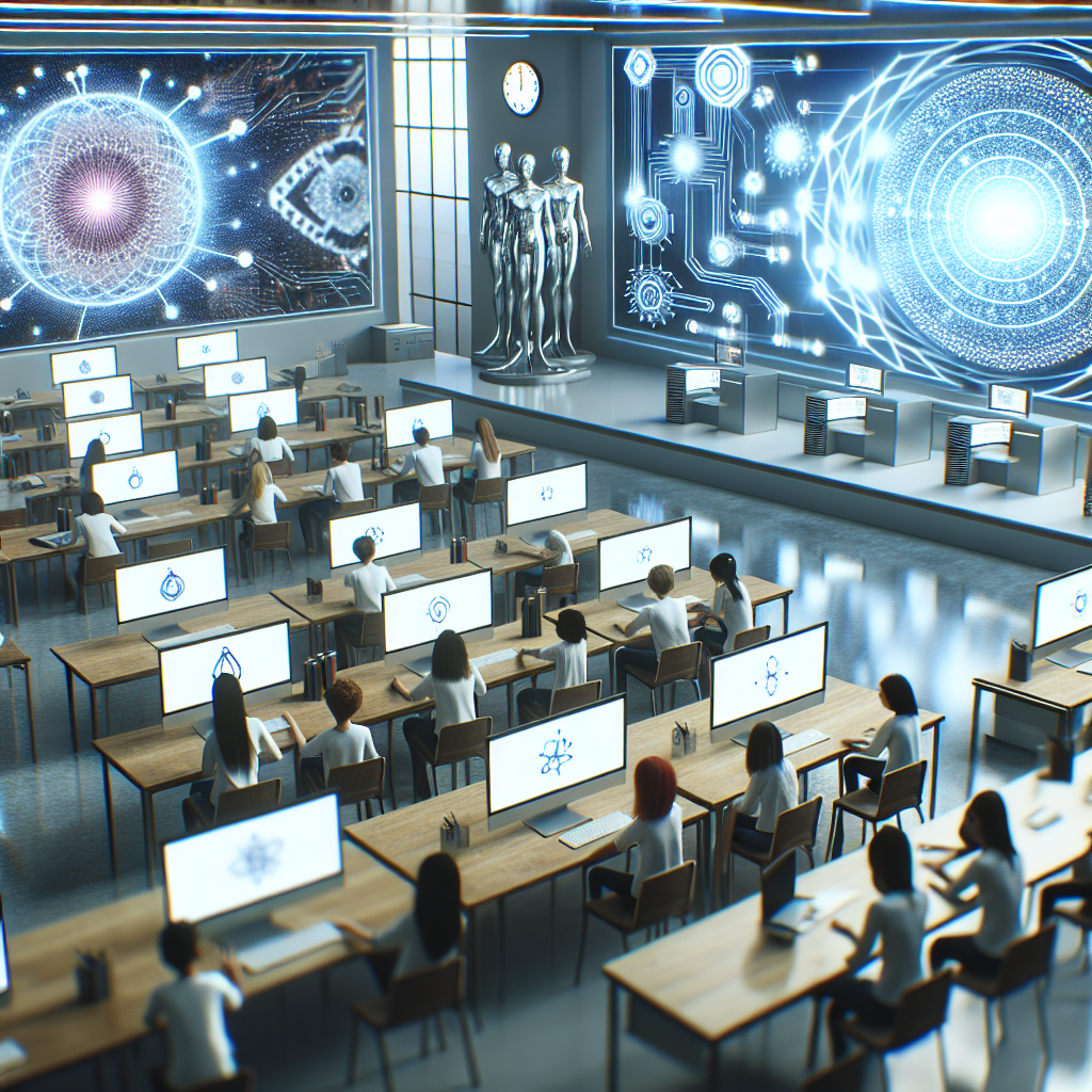 Students learning quantum computing in a futuristic classroom setting