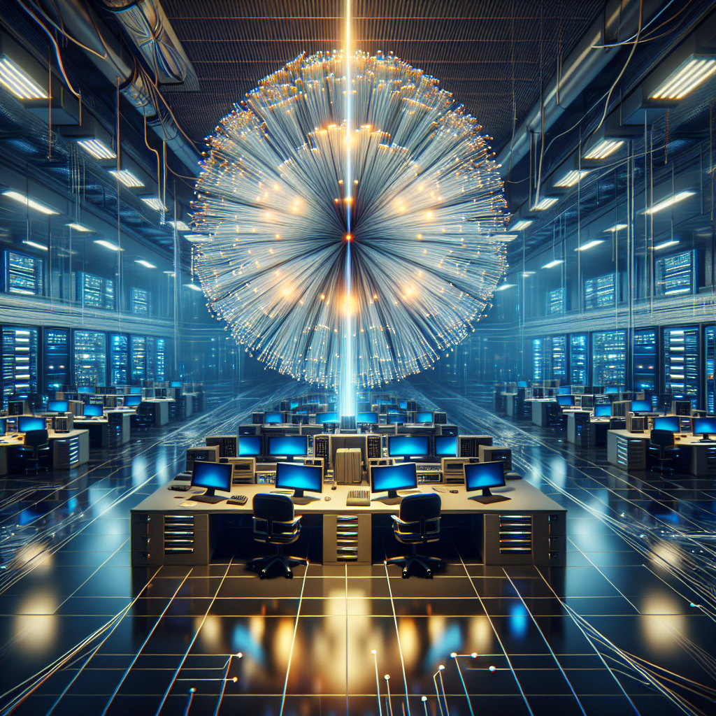 A modern office with Passive Optical LAN setup, featuring fiber optic cables.